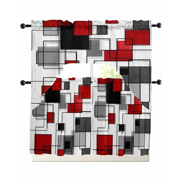 Red Grey Geometric Kitchen Curtains Set for Windows 3 Piece Cafe Curtains 24 Inch Length Swag Curtains Valances and Tier Set Irregular Abstract Art Modern Drapes for Bedroom Bathroom Living Room