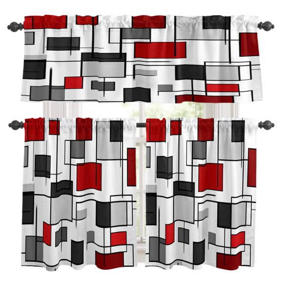 Red Grey Geometric Kitchen Curtains Sets for Windows 24 Inch Length, Abstract Art Irregular Modern Rod Pocket Window Treatments Tier Curtains and Valances Set for Bedroom/Bathroom