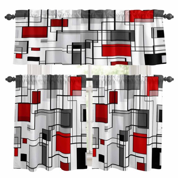 Red Grey Geometric Kitchen Curtains Sets for Windows 24 Inch Length, Abstract Art Modern Irregular Rod Pocket Window Treatments Tier Curtains and Valances Set for Bedroom/Bathroom