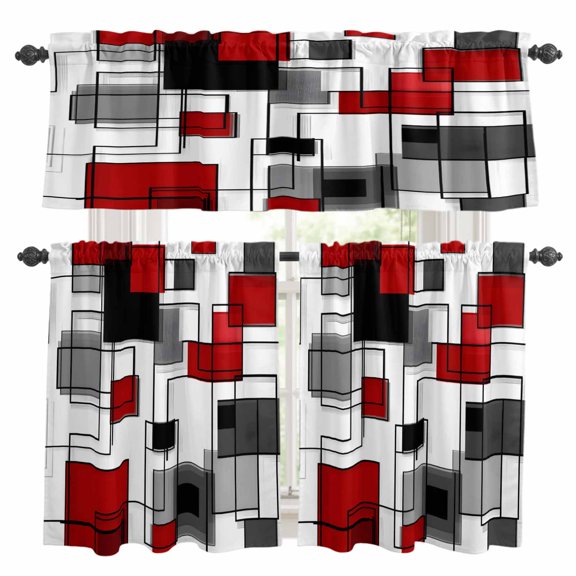 Red Grey Geometric Kitchen Curtains Sets for Windows 24 Inch Length, Irregular Abstract Art Modern Rod Pocket Window Treatments Tier Curtains and Valances Set for Bedroom/Bathroom