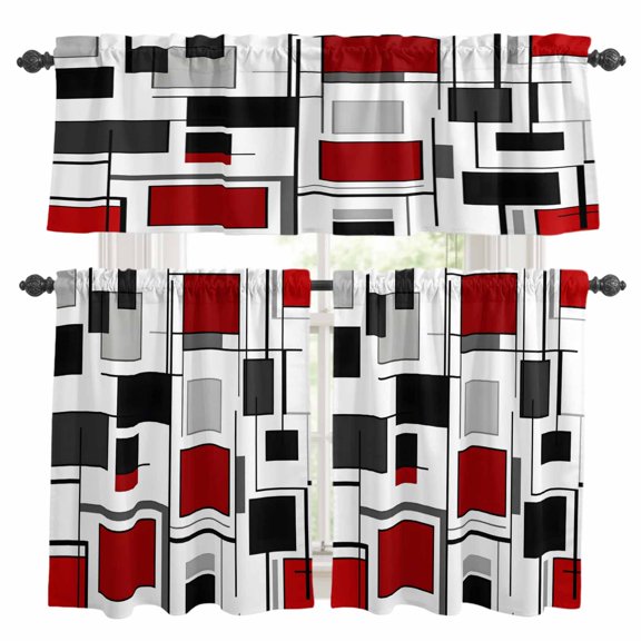 Red Grey Geometric Kitchen Curtains Sets for Windows 24 Inch Length, Modern Irregular Abstract Art Rod Pocket Window Treatments Tier Curtains and Valances Set for Bedroom/Bathroom