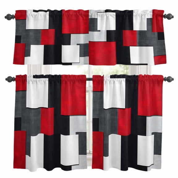 Red Grey Geometric Kitchen Curtains Sets for Windows 36 Inch Length, Modern Abstract Art Luxury Rod Pocket Window Treatments Tier Curtains and Valances Set for Bedroom/Bathroom