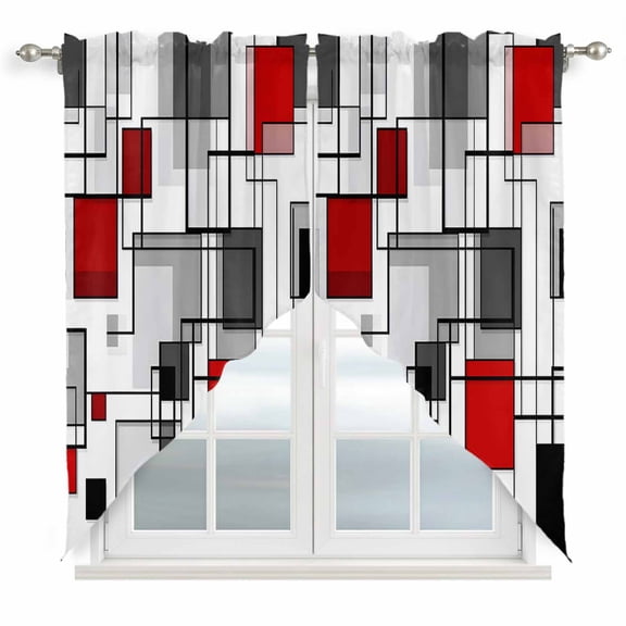 Red Grey Geometric Kitchen Window Curtains, Swag Curtains Valance for Bedroom Living Room Bathroom, Abstract Art Modern Irregular Rod Pocket Window Treatment Curtain Block Drapes 2 Panels 36"x36"