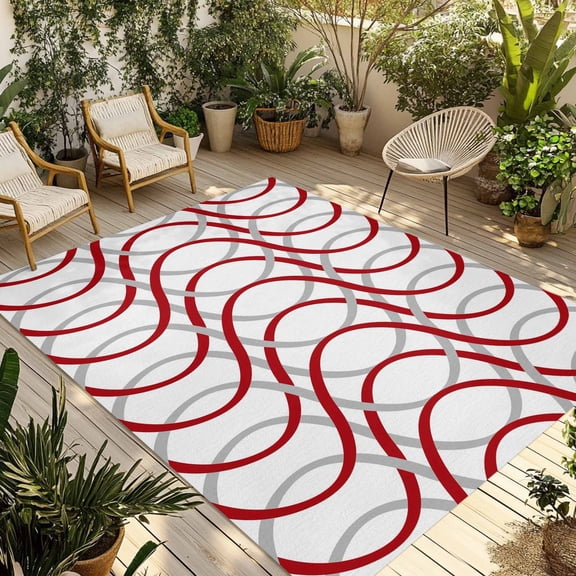 Red Grey Geometric Outdoor Rug 5x7 Ft - Reversible Patio Rug Outdoor Camping Rugs, Abstract Modern Twisted Lines Art Washable Indoor Outdoor Area Rugs, Non-Slip Outdoor Carpet Runner for Deck/Porch
