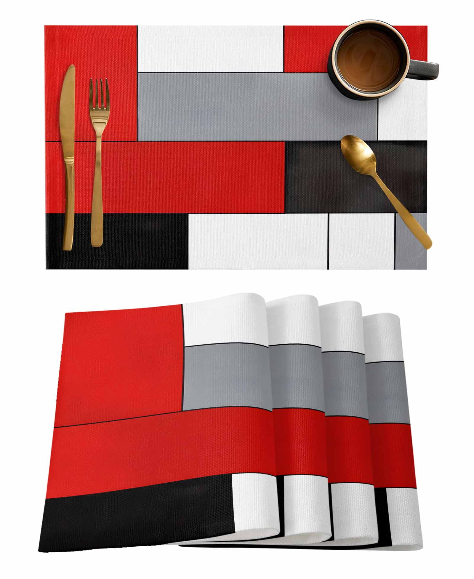 Table Mats Set Of 6 Red Grey Geometric Placemats Set of 6, Modern Black White Abstract Art