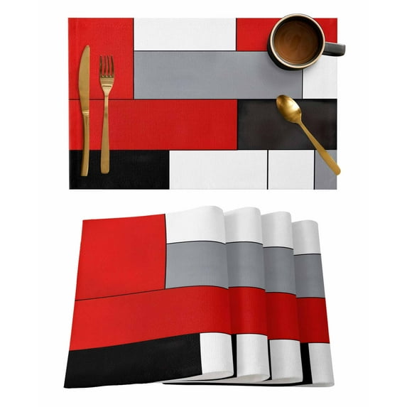 Red Grey Geometric Placemats Set of 6, Modern Black White Abstract Art Placemats for Dining Table, Place Mats for Kitchen Tabletop, Waterproof Wipeable Dining Table Mats Set