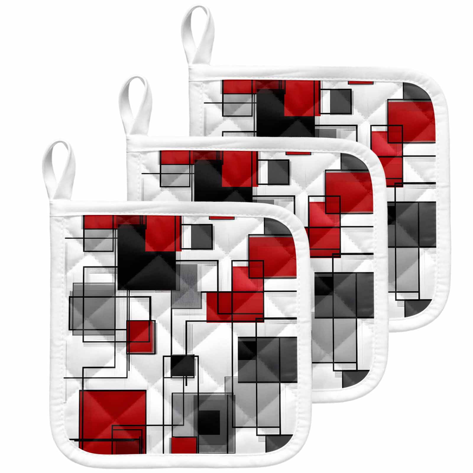 Red Grey Geometric Pot Holders for Kitchen Heatproof Potholder, 3 Pack Irregular Abstract Art Modern Hot Pads Multipurpose Oven Pads Cloth Potholders Trivet for Cooking Baking