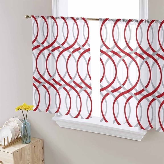 Red Grey Geometric Semi Sheer Curtains 45 Inch Length 2 Panels Set, Abstract Modern Twisted Lines Art Sheer Kitchen Curtain Privacy Voile Window Curtain for Living Room Bedroom Rod Pocket Drapes