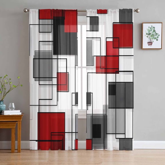 Red Grey Geometric Sheer Curtains 63 Inch Length 2 Panels Set for Living Room/Bedroom, Irregular Abstract Art Modern Semi Curtain Sheers Drapes Rod Pocket Curtains Window Treatment Set 52''x63''x2