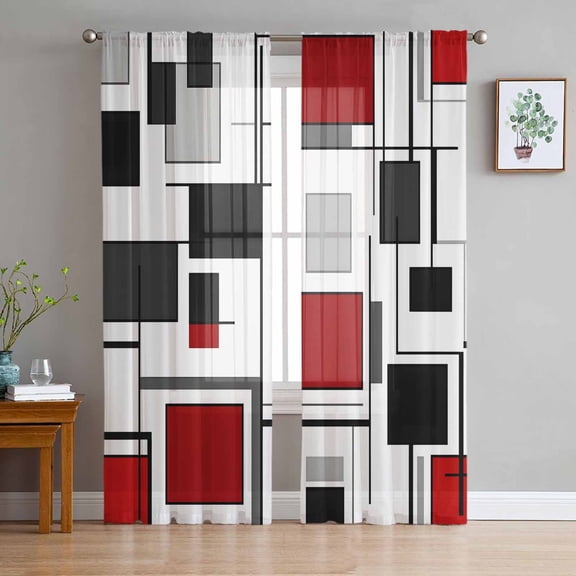 Red Grey Geometric Sheer Curtains 72 Inch Length 2 Panels Set for Living Room/Bedroom, Modern Irregular Abstract Art Semi Curtain Sheers Drapes Rod Pocket Curtains Window Treatment Set 52''x72''x2