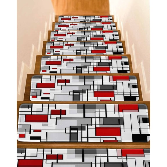 Red Grey Geometric Stair Treads for Wooden Steps Indoor Runner Rug Carpet, Abstract Art Modern Irregular 15 Pieces Peel and Stick Staircase Step Treads Covers Washable Throw Door Mats, 30"x8"