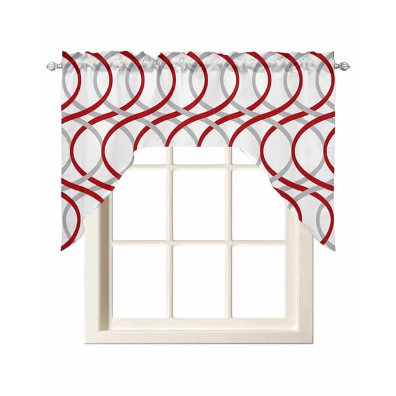 Red Grey Geometric Swag Curtains for Kitchen Abstract Modern Twisted Lines Art Valances for Windows Rod Pocket Small Window Treatment Short Topper for Cafe Bedroom Bathroom Decor 56x36 Inch