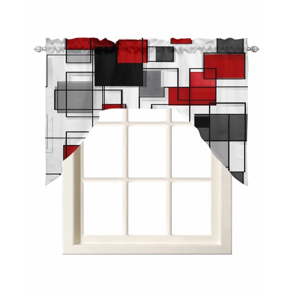 Red Grey Geometric Swag Curtains for Kitchen Irregular Abstract Art Modern Valances for Windows Rod Pocket Small Window Treatment Short Topper for Cafe Bedroom Bathroom Living Room Decor 56x36 Inch