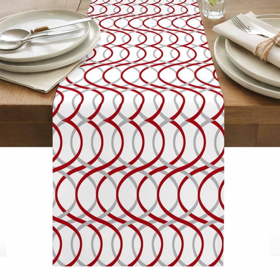 Red Grey Geometric Table Runner - 60 Inch Long, Kitchen Dining Table Runner Dresser Scarves, Abstract Modern Twisted Lines Art Farmhouse Decor for Coffee Tables Wedding Party Banquet