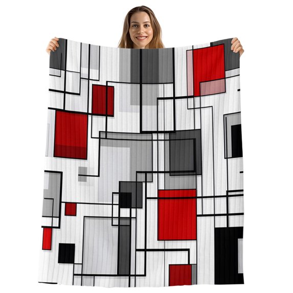 Red Grey Geometric Throw Blanket, Flannel Fleece Blanket with Striped Design for Couch, Abstract Art Modern Irregular Soft Breathable All Season Plush Blankets for Sofa Office Car Seat 40"x60"