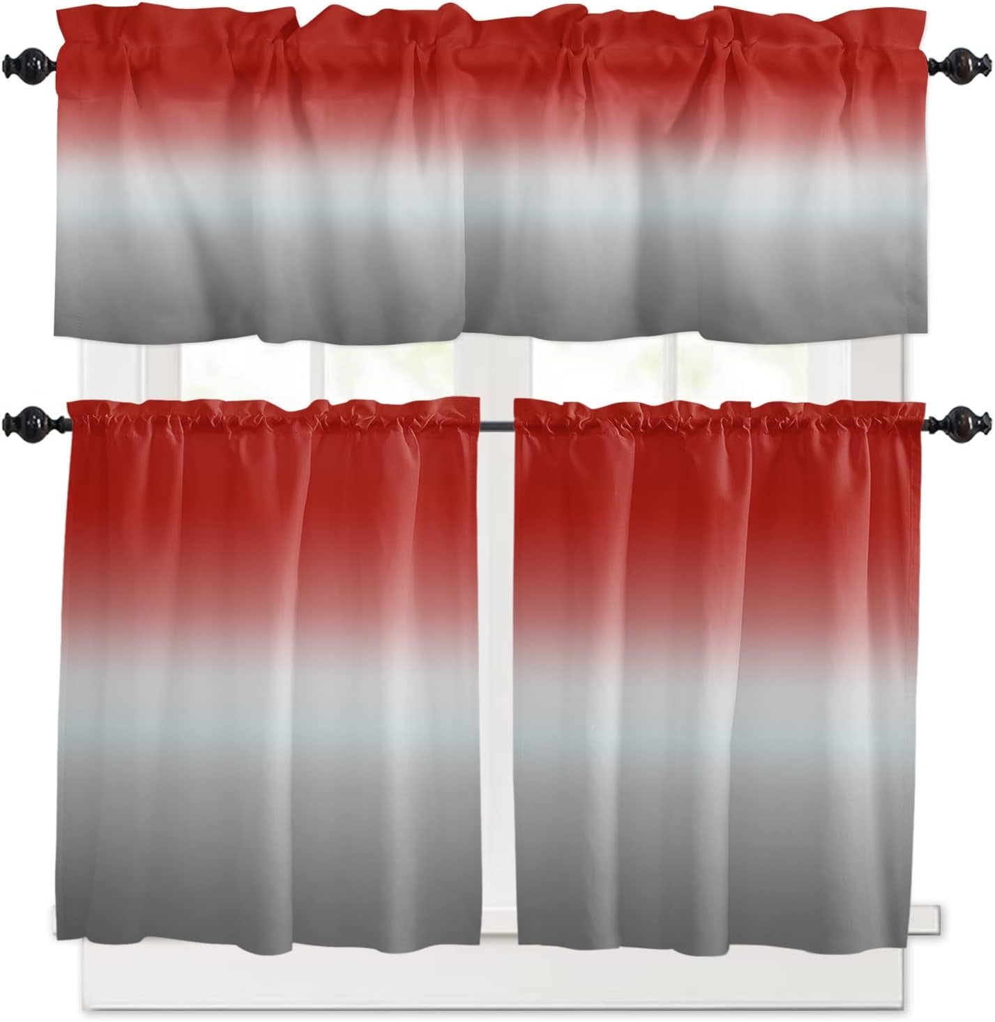 Red and Grey Kitchen Curtain Valance and Tiers Set Ombre Red Gray Rod