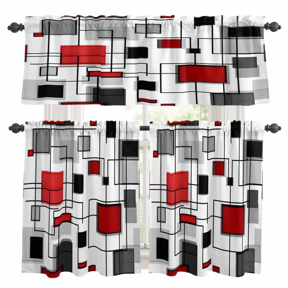 Red Grey Kitchen Curtains Sets for Windows 24 Inch Length, Irregular Abstract Modern Art Geometric Rod Pocket Window Treatments Tier Curtains and Valances Set for Bedroom/Bathroom