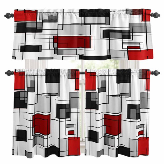 Red Grey Kitchen Curtains Sets for Windows 24 Inch Length, Modern Irregular Geometric Abstract Art Rod Pocket Window Treatments Tier Curtains and Valances Set for Bedroom/Bathroom