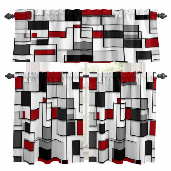 Red Grey Kitchen Curtains Sets for Windows 36 Inch Length, Abstract Modern Irregular Geometric Art Rod Pocket Window Treatments Tier Curtains and Valances Set for Bedroom/Bathroom