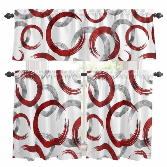 Red Grey Kitchen Curtains Sets for Windows 36 Inch Length, Geometric Circle Modern Abstract Simple Art Rod Pocket Window Treatments Tier Curtains and Valances Set for Bedroom/Bathroom