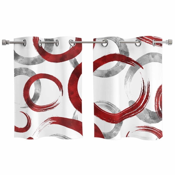 Red Grey Kitchen Curtains Small Short 39 Inch Length, Geometric Circle Modern Abstract Simple Art Grommet Top Bedroom Living Room Curtains, Light Filtering Cafe Curtain Drapes 2 Panels Set 55''x39''