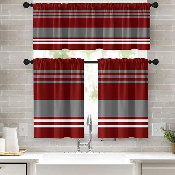 Red Grey Kitchen Curtains Stripes Window Curtains Valance and Tier Set, Geometric Art Rod Pocket Short Tier Curtain, Modern Abstract Small Cafe Curtains for Kitchen Decor