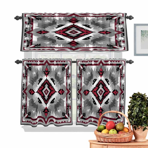 Red Grey Kitchen Curtains Valances 3 Piece Set, White Bohemian Vintage Ethnic Texture Rod Pocket Tier Curtain and Valance Drapes for Small Window 24 Inch Length for Bedroom Cafe