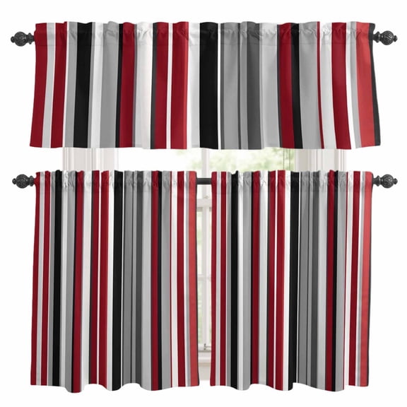 Red Grey Kitchen Curtains and Valances Set, Black Stripe Abstract Geometric Vertical Stripes Rod Pocket Window Valance Window Curtain Panels for Living Room Bedroom Laundry, 27.5x24in, 3 Pieces