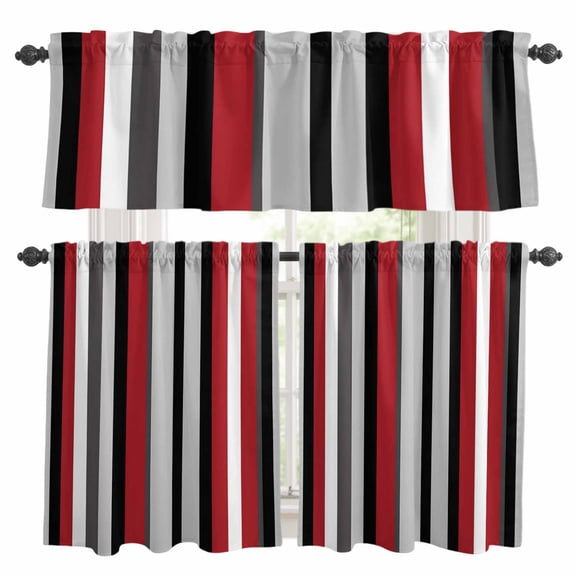 Red Grey Kitchen Curtains and Valances Set, Black Striped Abstract Minimalist Vertical Stripes Rod Pocket Window Valance Window Curtain Panels for Living Room Bedroom Laundry, 27.5x24in, 3 Pieces