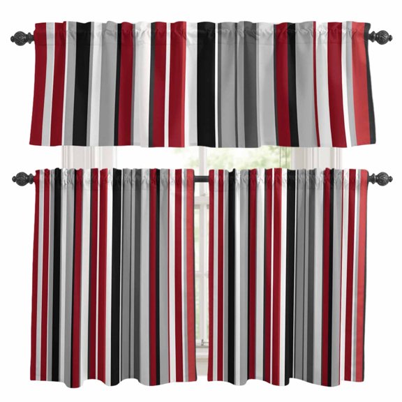 Red Grey Kitchen Curtains Valances and Tiers Set of 3 Black Stripe Abstract Geometric Vertical Stripes Tier Curtains and Valance with Rod Pocket for Small Windows, 27.5"x24"