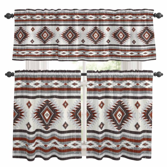 Red Grey Kitchen Curtains Valances and Tiers Set of 3 Southwestern Native Aztec Ethnic Style Geometric Tier Curtains and Valance with Rod Pocket for Small Windows, 27.5"x24"