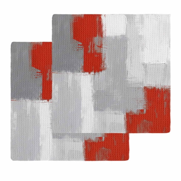 Red Grey Kitchen Dish Towels for Drying Dishes Set of 2, Abstract Geometric Color Block Oil Painting Waffle Weave Microfiber Hand Tea Bathroom Towels Quick Dry & Absorbent Towel 12x12