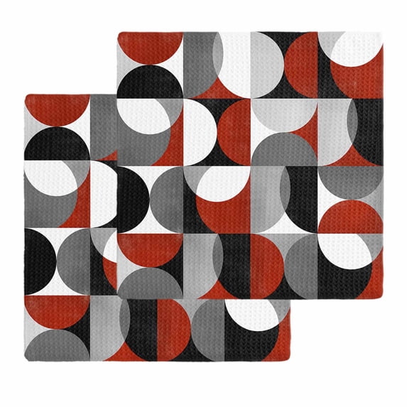 Red Grey, Kitchen Dish Towels for Drying Dishes Set of 2, Abstract Retro Middle Century Geometric Art Waffle Weave Microfiber Hand Tea Bathroom Towels Quick Dry & Absorbent Towel 12x12