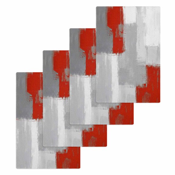 Red Grey Kitchen Dish Towels for Drying Dishes Set of 4, Abstract Geometric Color Block Oil Painting Waffle Weave Microfiber Hand Tea Bathroom Towels Quick Dry & Absorbent Towel 15.7x23.6