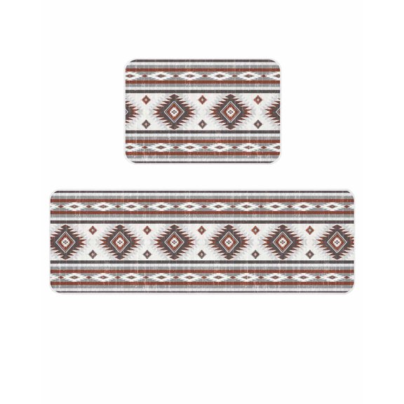 Red Grey Kitchen Mats for Floor 2 Piece, Southwestern Native Aztec Ethnic Style Geometric Absorbent Non-Slip Kitchen Rugs Comfort Standing Mat for Laundry, Hallways 20"x24"+20"x48"
