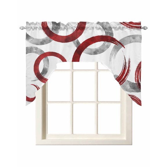 Red Grey Kitchen Swag Valance for Window, Rod Pocket Short Kitchen Curtains 36 Inch Length, Geometric Circle Modern Abstract Simple Art Swag Topper Small Window Treatment for Cafe Bedroom