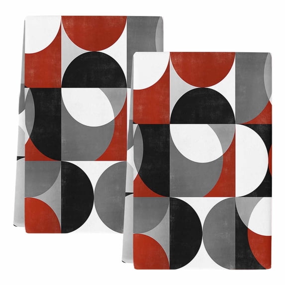 Red Grey, Kitchen Towels Set of 2, Abstract Retro Middle Century Geometric Art Soft Microfiber Dish Towels, Absorbent Quick-Dry Washable Dishcloths for Kitchen Cleaning, Drying Dishes, 18x28 Inches
