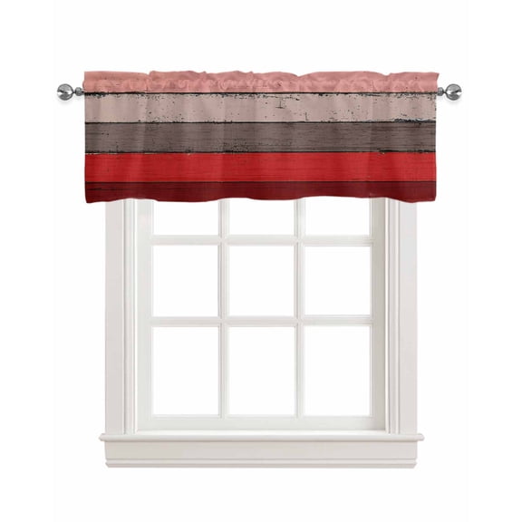 Red Grey Kitchen Valances for Windows Farmhouse Linen Window Valance Curtain for Living Room Window Treatment Vintage Stripe Farmhouse Wood Grain Ombre Valance Rod Pocket Topper Drape, 60 x 18 Inch