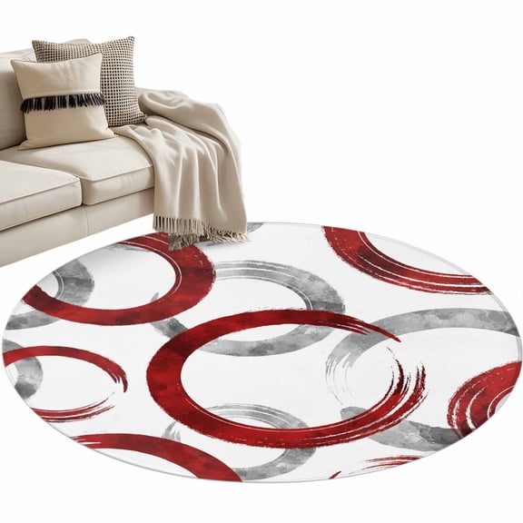 Red Grey Large Area Rugs for Bedroom Living Room, Soft Non Slip Carpet Bedside Rug, Geometric Circle Modern Abstract Simple Art Round Floor Cover Kitchen Accent Rug 3.3' for Dining Room/Office