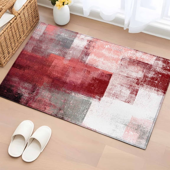 Red Grey Oil Painting 2'x3' Washable Rug, Abstract Modern Street Smear Art Non-Slip Soft Doormat Area Rugs for Entrance Bathroom Bedsides, Front Doormat Carpet for Kitchen Bedroom, Entryway Floor Mat