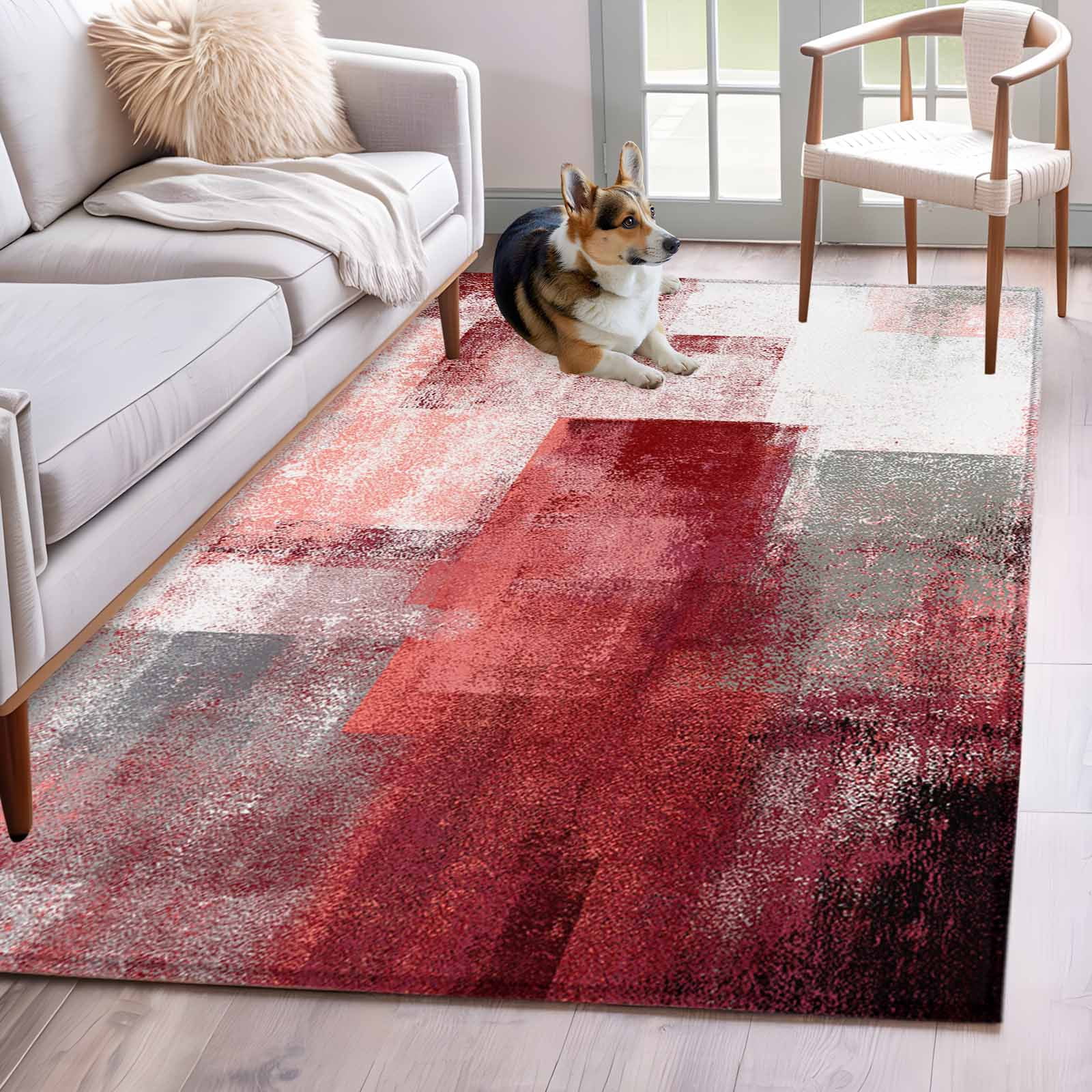 Oil Rug Red Grey Oil Painting Area Rug 3x5 FT, Non Slip Entryway Bedside Carpet ...