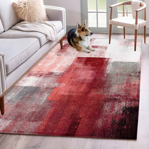 Red Grey Oil Painting Area Rug 3x5 FT, Non Slip Entryway Bedside Carpet, Abstract Modern Street Smear Art Washable Soft Floor Carpet Indoor Mat Non-Shedding Throw Rugs for Dorm Kitchen Home Office