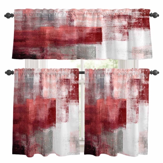 Red Grey Oil Painting Kitchen Curtains Sets for Windows 36 Inch Length, Abstract Modern Street Smear Art Rod Pocket Window Treatments Tier Curtains and Valances Set for Bedroom/Bathroom