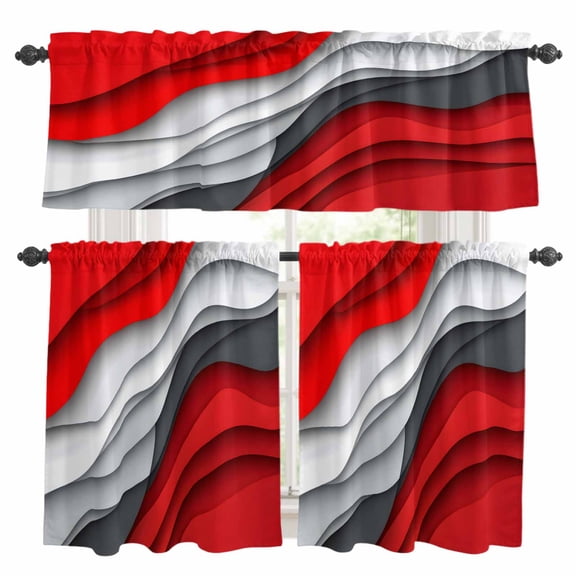 Red Grey Ombre Kitchen Curtains Sets for Windows 24 Inch Length, Abstract Moire Art Geometric Modern Rod Pocket Window Treatments Tier Curtains and Valances Set for Bedroom/Bathroom