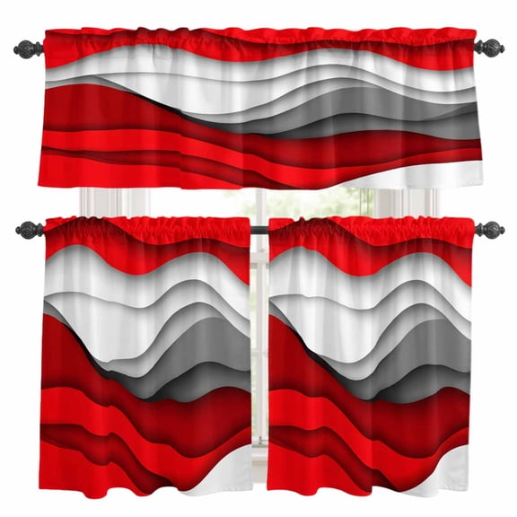 Red Grey Ombre Kitchen Curtains Sets for Windows 24 Inch Length, Geometric Modern Abstract Art Moire Rod Pocket Window Treatments Tier Curtains and Valances Set for Bedroom/Bathroom