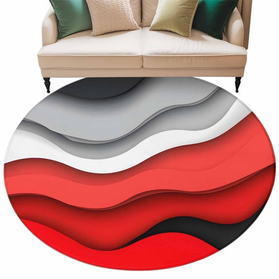 Red Grey Ombre Large Area Rugs for Bedroom Living Room, Soft Non Slip Carpet Bedside Rug, Modern Abstract Moire Art Geometric Round Floor Cover Kitchen Accent Rug 7' for Dining Room/Office
