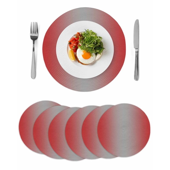 Red Grey Ombre Round 13 Inch Placemats Set of 6, Modern Gradient Abstract Art HeatResistant Non Slip Place Mats for Dining Table, Wipeable Braided Kitchen Table Mats for Housewarming