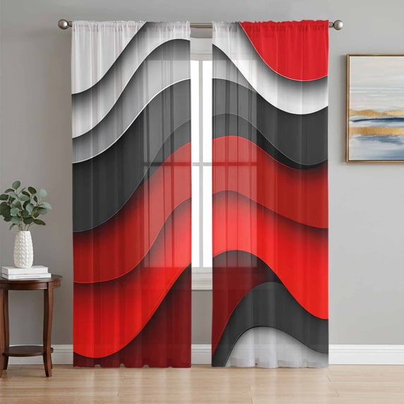 Red Grey Ombre Sheer Curtains 84 Inch Length 2 Panels Set, Geometric Art Modern Moire Abstract Voile Window Treatment Rod Pocket Curtains Sheers Drapes for Bedroom/Living Room/Kitchen 52"x84"x2