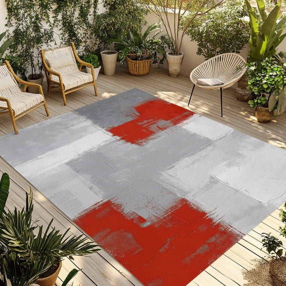 Red Grey Outdoor Rug for Patio/Deck/Porch, Non-Slip Large Area Rug 5 x 8 Ft, Abstract Geometric Color Block Oil Painting Indoor Outdoor Rugs Washable Area Rugs, Reversible Camping Rug Carpet Runner