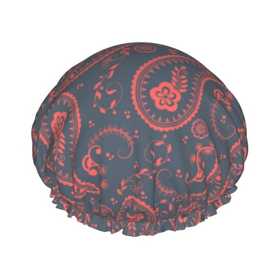 Red Grey Paisley Shower Cap, Reusable Bath Hair Hat for all Hair Lengths Hair Cover with Elastic Band Double Waterproof Layers Bathing Hat